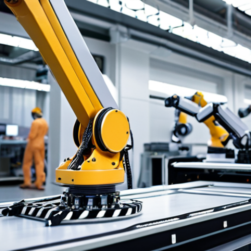 Home 4 **
A sleek, futuristic industrial robot arm assembling intricate components on a production line. The robot is bathed in a soft, diffused light, highlighting its precision mechanics and embedded sensors. Circuit board patterns are subtly visible on the arm's surface, symbolizing the electronics within. The background shows a modern factory setting with blurred figures of engineers monitoring the process, emphasizing the human-machine collaboration. The overall mood is one of innovation and efficiency. Consider adding some Arabic script on the robot's panel or in the factory signage for localization.
**