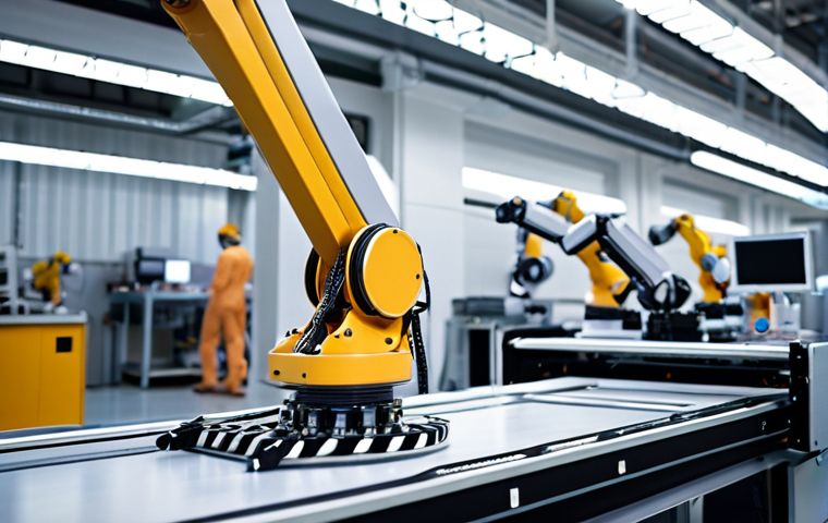 **
A sleek, futuristic industrial robot arm assembling intricate components on a production line. The robot is bathed in a soft, diffused light, highlighting its precision mechanics and embedded sensors. Circuit board patterns are subtly visible on the arm's surface, symbolizing the electronics within. The background shows a modern factory setting with blurred figures of engineers monitoring the process, emphasizing the human-machine collaboration. The overall mood is one of innovation and efficiency. Consider adding some Arabic script on the robot's panel or in the factory signage for localization.
**