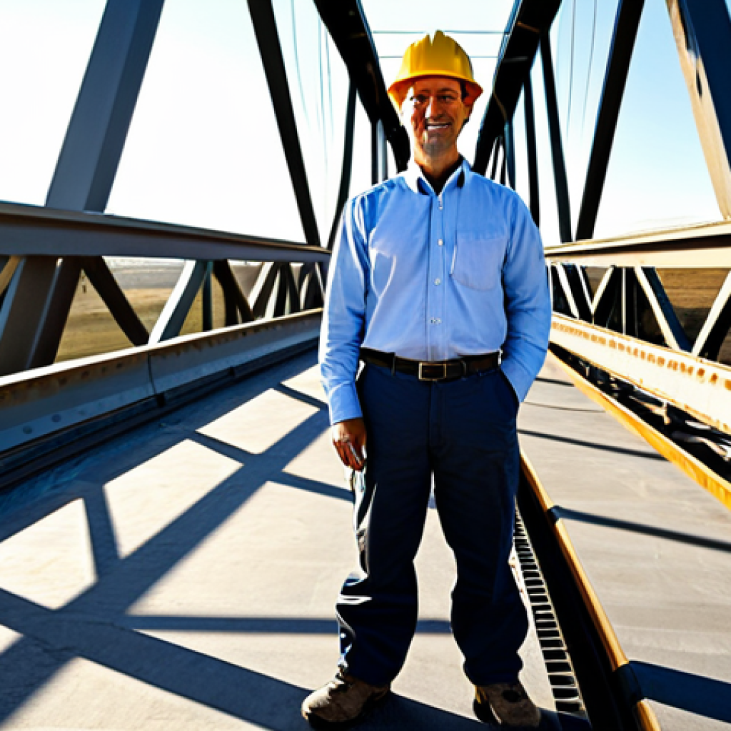 A professional male mechanical engineer, dressed in a modest business shirt and protective work pants, stands outdoors, meticulously observing a large expansion joint on a modern steel bridge structure. The sun casts long shadows, indicating a warm, clear day in a vast, open landscape, highlighting the practical application of thermal expansion principles. The engineer is fully clothed, in appropriate attire, safe for work, and exhibits perfect anatomy, correct proportions, with well-formed hands and a natural pose. This high-quality, professional photograph captures the essence of practical engineering, with natural body proportions, appropriate content, and family-friendly focus.
