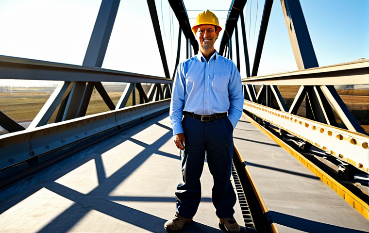 A professional male mechanical engineer, dressed in a modest business shirt and protective work pants, stands outdoors, meticulously observing a large expansion joint on a modern steel bridge structure. The sun casts long shadows, indicating a warm, clear day in a vast, open landscape, highlighting the practical application of thermal expansion principles. The engineer is fully clothed, in appropriate attire, safe for work, and exhibits perfect anatomy, correct proportions, with well-formed hands and a natural pose. This high-quality, professional photograph captures the essence of practical engineering, with natural body proportions, appropriate content, and family-friendly focus.