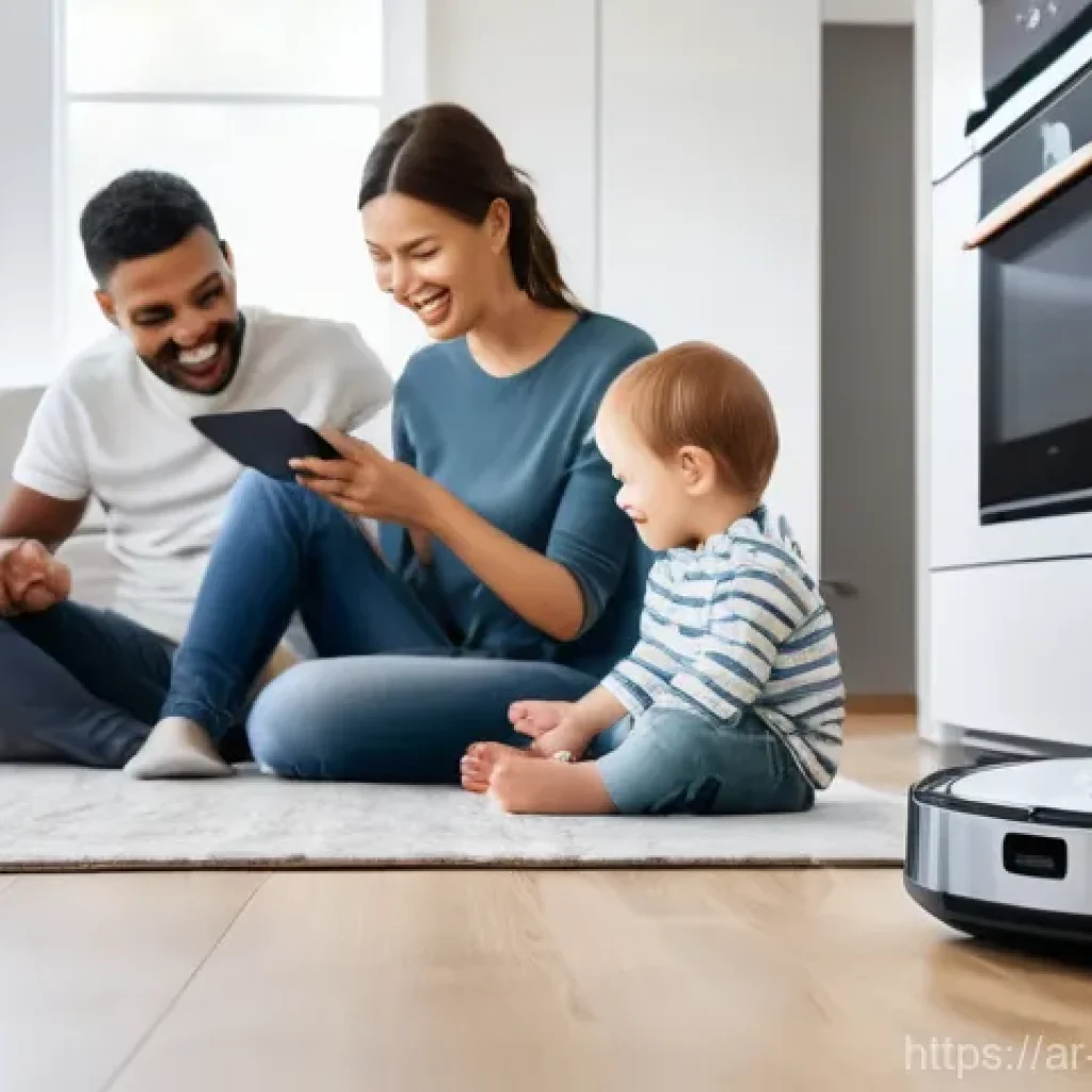 기계공학 전기전자통합시스템 - A cozy, modern living room where a diverse family (a mother, father, and two children, one toddler h...