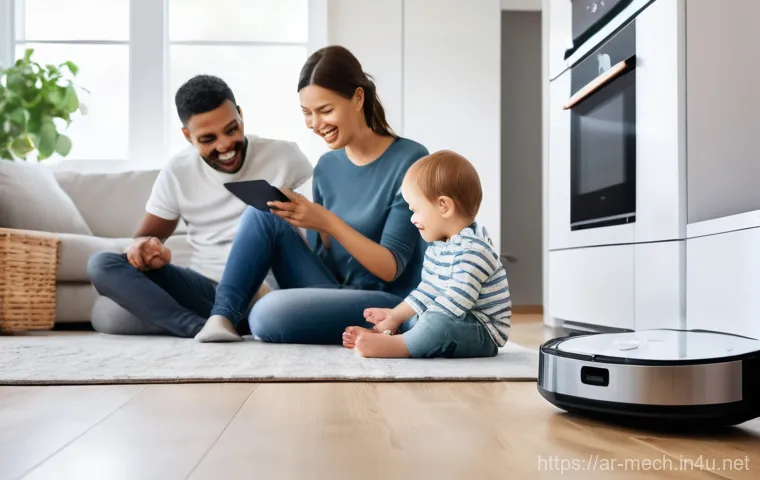 기계공학 전기전자통합시스템 - A cozy, modern living room where a diverse family (a mother, father, and two children, one toddler h...