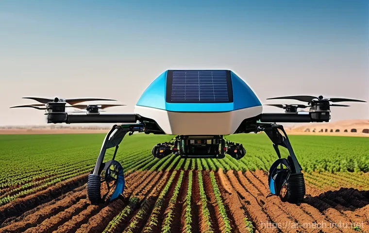 기계공학 로봇기술 - **Prompt:** "A wide, panoramic shot of a technologically advanced, sustainable farm in a vibrant, ar...