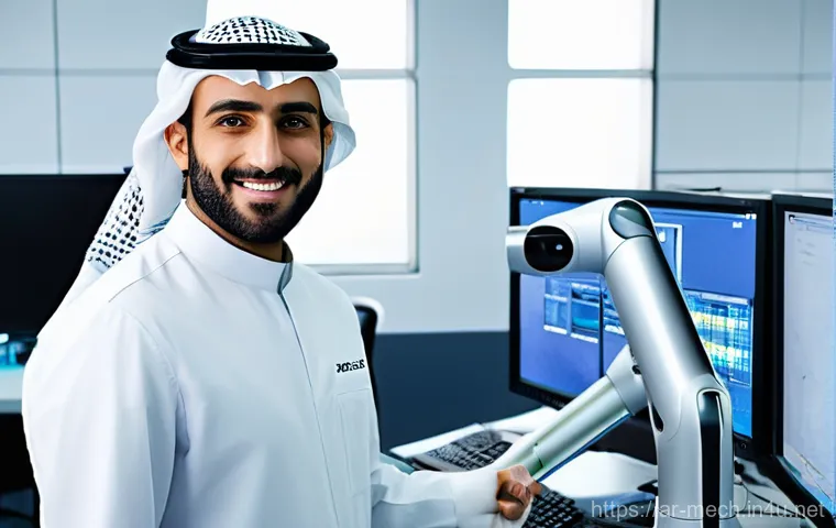 기계공학 산업용로봇시스템 - **Prompt 1: Collaborative Innovation in a High-Tech Facility**
"A clean, brightly lit, high-tech...