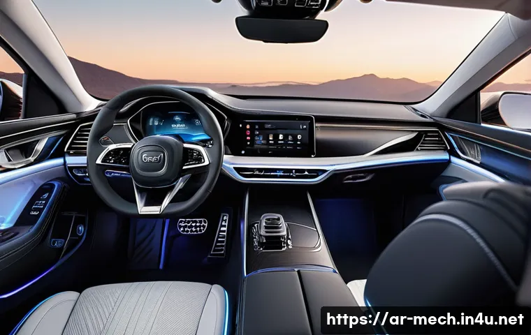 기계공학 자동차디자인 - **Prompt:** A stylish, modern car interior at dusk, bathed in customizable ambient lighting. The cab...